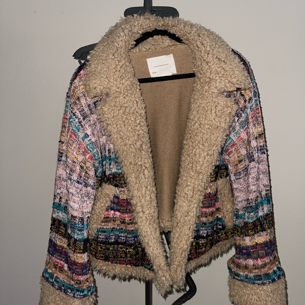 Anthropologie Cream Teddy Jacket Cozy Plush Collar